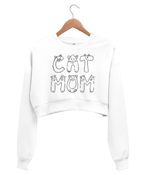 Tisho - Kedili Kara Kalem İnce Çizgili Zarif Minimalist Özel Tasarım Cat Mom Kedi Anesi Sevimli Kedili Beyaz Kadın Crop Sweatshirt