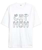 Kedili Kara Kalem İnce Çizgili Zarif Minimalist Özel Tasarım Cat Mom Kedi Anesi Sevimli Kedili Beyaz Oversize Unisex Tişört - Tisho
