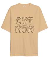 Kedili Kara Kalem İnce Çizgili Zarif Minimalist Özel Tasarım Cat Mom Kedi Anesi Sevimli Kedili Camel Oversize Unisex Tişört - Tisho