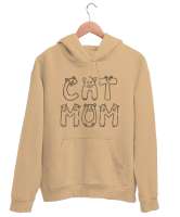 Kedili Kara Kalem İnce Çizgili Zarif Minimalist Özel Tasarım Cat Mom Kedi Anesi Sevimli Kedili Camel Unisex Kapşonlu Sweatshirt - Tisho