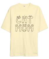 Kedili Kara Kalem İnce Çizgili Zarif Minimalist Özel Tasarım Cat Mom Kedi Anesi Sevimli Kedili Krem Oversize Unisex Tişört - Tisho