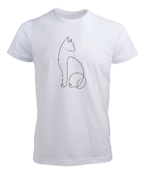 Tisho - Kedili Kara Kalem İnce Çizgili Zarif Minimalist Özel Tasarım Sevimli Kedili Beyaz Erkek Tişört