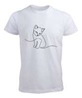 Kedili Kara Kalem İnce Çizgili Zarif Minimalist Özel Tasarım Sevimli Kedili Beyaz Erkek Tişört - Tisho