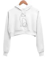 Kedili Kara Kalem İnce Çizgili Zarif Minimalist Özel Tasarım Sevimli Kedili Beyaz Kadın Crop Hoodie Kapüşonlu Sweatshirt - Tisho