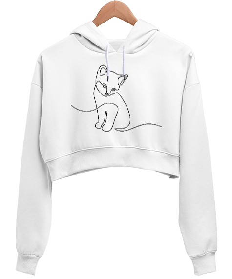 Tisho - Kedili Kara Kalem İnce Çizgili Zarif Minimalist Özel Tasarım Sevimli Kedili Beyaz Kadın Crop Hoodie Kapüşonlu Sweatshirt