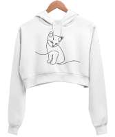 Kedili Kara Kalem İnce Çizgili Zarif Minimalist Özel Tasarım Sevimli Kedili Beyaz Kadın Crop Hoodie Kapüşonlu Sweatshirt - Tisho