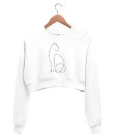 Kedili Kara Kalem İnce Çizgili Zarif Minimalist Özel Tasarım Sevimli Kedili Beyaz Kadın Crop Sweatshirt - Tisho