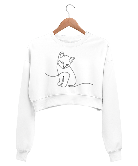 Tisho - Kedili Kara Kalem İnce Çizgili Zarif Minimalist Özel Tasarım Sevimli Kedili Beyaz Kadın Crop Sweatshirt
