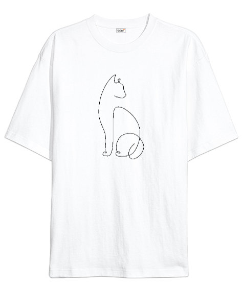 Tisho - Kedili Kara Kalem İnce Çizgili Zarif Minimalist Özel Tasarım Sevimli Kedili Beyaz Oversize Unisex Tişört