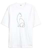 Kedili Kara Kalem İnce Çizgili Zarif Minimalist Özel Tasarım Sevimli Kedili Beyaz Oversize Unisex Tişört - Tisho