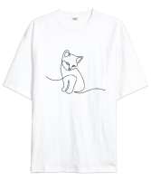 Kedili Kara Kalem İnce Çizgili Zarif Minimalist Özel Tasarım Sevimli Kedili Beyaz Oversize Unisex Tişört - Tisho