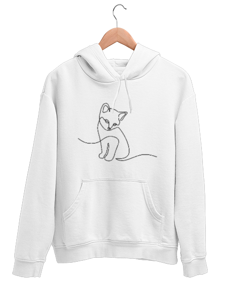 Tisho - Kedili Kara Kalem İnce Çizgili Zarif Minimalist Özel Tasarım Sevimli Kedili Beyaz Unisex Kapşonlu Sweatshirt