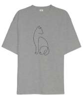 Kedili Kara Kalem İnce Çizgili Zarif Minimalist Özel Tasarım Sevimli Kedili Gri Oversize Unisex Tişört - Tisho