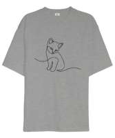 Kedili Kara Kalem İnce Çizgili Zarif Minimalist Özel Tasarım Sevimli Kedili Gri Oversize Unisex Tişört - Tisho