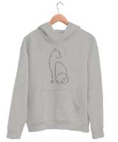 Kedili Kara Kalem İnce Çizgili Zarif Minimalist Özel Tasarım Sevimli Kedili Gri Unisex Kapşonlu Sweatshirt - Tisho