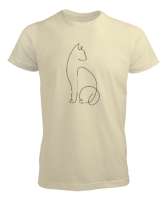 Kedili Kara Kalem İnce Çizgili Zarif Minimalist Özel Tasarım Sevimli Kedili Krem Erkek Tişört - Tisho