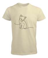 Kedili Kara Kalem İnce Çizgili Zarif Minimalist Özel Tasarım Sevimli Kedili Krem Erkek Tişört - Tisho