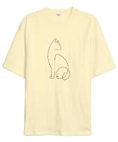 Kedili Kara Kalem İnce Çizgili Zarif Minimalist Özel Tasarım Sevimli Kedili Krem Oversize Unisex Tişört - Tisho