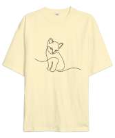 Kedili Kara Kalem İnce Çizgili Zarif Minimalist Özel Tasarım Sevimli Kedili Krem Oversize Unisex Tişört - Tisho