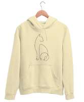 Kedili Kara Kalem İnce Çizgili Zarif Minimalist Özel Tasarım Sevimli Kedili Krem Unisex Kapşonlu Sweatshirt - Tisho