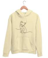 Kedili Kara Kalem İnce Çizgili Zarif Minimalist Özel Tasarım Sevimli Kedili Krem Unisex Kapşonlu Sweatshirt - Tisho