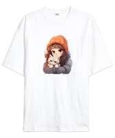 Kedili Özel Tasarım Kedisine Sarılan Kız Tatlı Sevimli Kedili Beyaz Oversize Unisex Tişört - Tisho