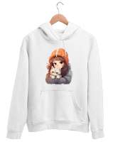 Kedili Özel Tasarım Kedisine Sarılan Kız Tatlı Sevimli Kedili Beyaz Unisex Kapşonlu Sweatshirt - Tisho