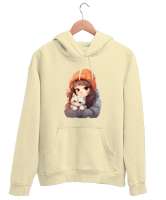 Kedili Özel Tasarım Kedisine Sarılan Kız Tatlı Sevimli Kedili Krem Unisex Kapşonlu Sweatshirt - Tisho