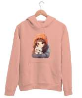 Kedili Özel Tasarım Kedisine Sarılan Kız Tatlı Sevimli Kedili Yavru Ağzı Unisex Kapşonlu Sweatshirt - Tisho
