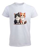 Kedili Özel Tasarım Tatlı Sevimli Çift Kedili Beyaz Erkek Tişört - Tisho
