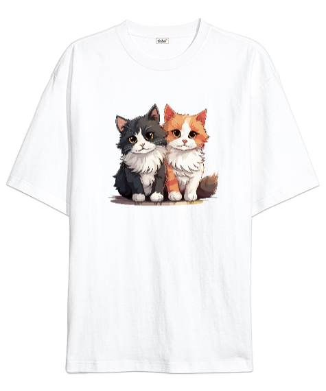 Tisho - Kedili Özel Tasarım Tatlı Sevimli Çift Kedili Beyaz Oversize Unisex Tişört