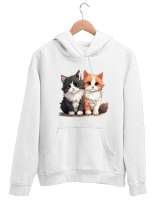 Kedili Özel Tasarım Tatlı Sevimli Çift Kedili Beyaz Unisex Kapşonlu Sweatshirt - Tisho