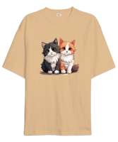 Kedili Özel Tasarım Tatlı Sevimli Çift Kedili Camel Oversize Unisex Tişört - Tisho