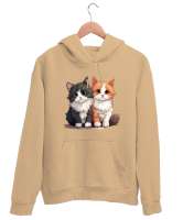 Kedili Özel Tasarım Tatlı Sevimli Çift Kedili Camel Unisex Kapşonlu Sweatshirt - Tisho