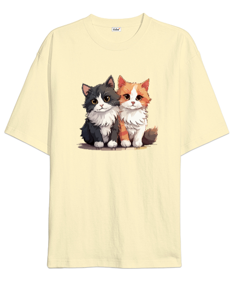 Tisho - Kedili Özel Tasarım Tatlı Sevimli Çift Kedili Krem Oversize Unisex Tişört