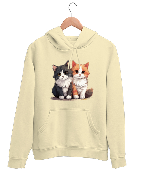 Tisho - Kedili Özel Tasarım Tatlı Sevimli Çift Kedili Krem Unisex Kapşonlu Sweatshirt