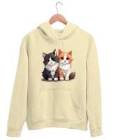 Kedili Özel Tasarım Tatlı Sevimli Çift Kedili Krem Unisex Kapşonlu Sweatshirt - Tisho