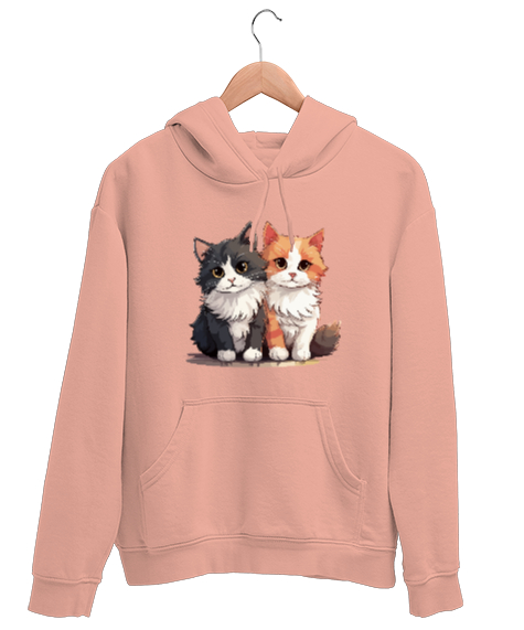 Tisho - Kedili Özel Tasarım Tatlı Sevimli Çift Kedili Yavru Ağzı Unisex Kapşonlu Sweatshirt