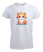 Kedili Özel Tasarım Tatlı Sevimli Kedili Beyaz Erkek Tişört - Tisho