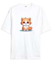 Kedili Özel Tasarım Tatlı Sevimli Kedili Beyaz Oversize Unisex Tişört - Tisho