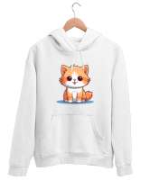 Kedili Özel Tasarım Tatlı Sevimli Kedili Beyaz Unisex Kapşonlu Sweatshirt - Tisho