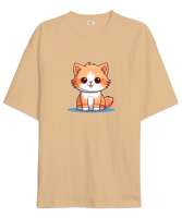 Kedili Özel Tasarım Tatlı Sevimli Kedili Camel Oversize Unisex Tişört - Tisho