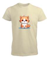 Kedili Özel Tasarım Tatlı Sevimli Kedili Krem Erkek Tişört - Tisho