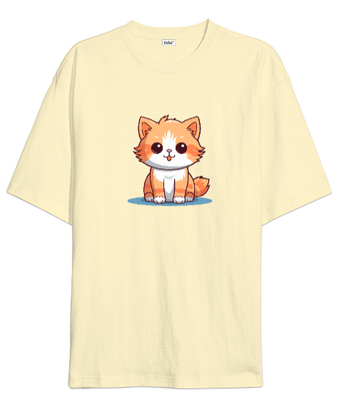 Tisho - Kedili Özel Tasarım Tatlı Sevimli Kedili Krem Oversize Unisex Tişört