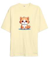 Kedili Özel Tasarım Tatlı Sevimli Kedili Krem Oversize Unisex Tişört - Tisho