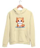 Kedili Özel Tasarım Tatlı Sevimli Kedili Krem Unisex Kapşonlu Sweatshirt - Tisho