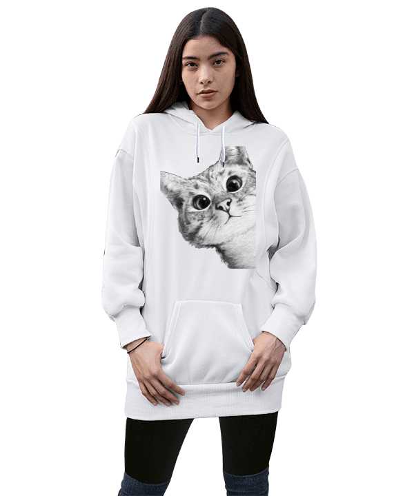 Tisho - KEDİLİ SWEATSHİRT Kadın Uzun Hoodie Kapüşonlu Sweatshirt