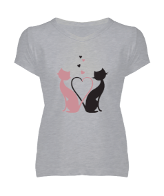 KEDİLİ VE KALPLİ Kadın V Yaka Tişört - Tisho