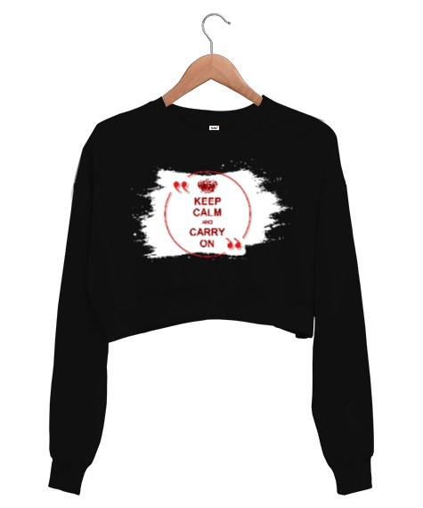 Tisho - Keep Calm And Carry On Siyah Kadın Crop Sweatshirt