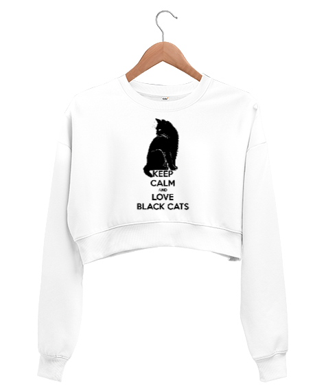 Tisho - Keep Calm And Love Black Cat Beyaz Kadın Crop Sweatshirt
